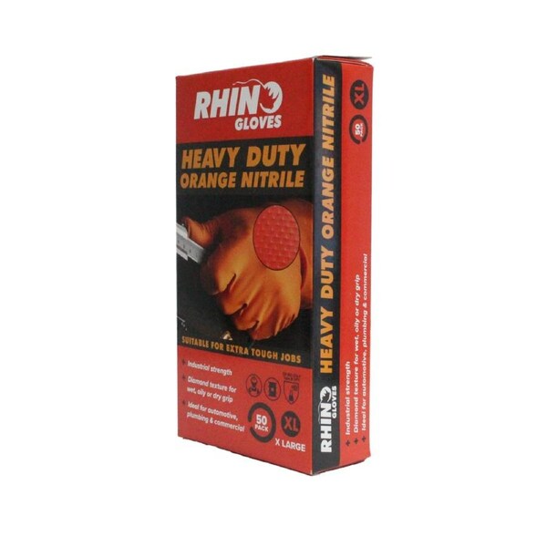 Rhino Extra Large Nitrile Disposable Gloves - Orange - Heavy Duty - 125mm x 235mm - Puncture Resistant - Secure Grip