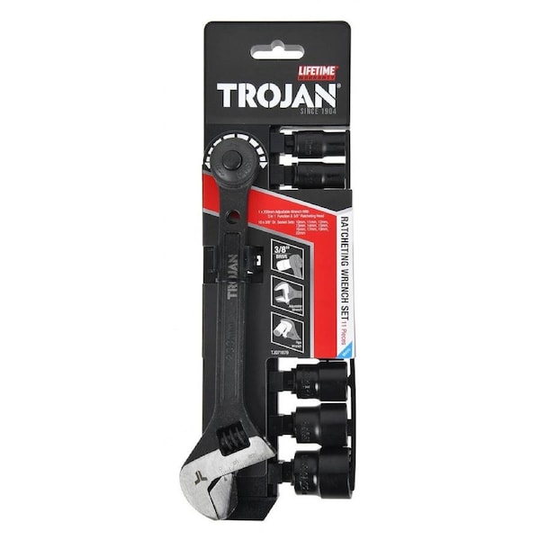 Trojan Ratcheting Wrench Set 11 Piece - 3-in-1 Tool - Chrome Vanadium Steel - 10-22mm Sockets