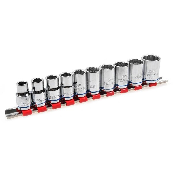 Trojan 10 Piece Socket Rail Set 1/2" - Metric Chrome Vanadium Sockets - Lifetime Warranty