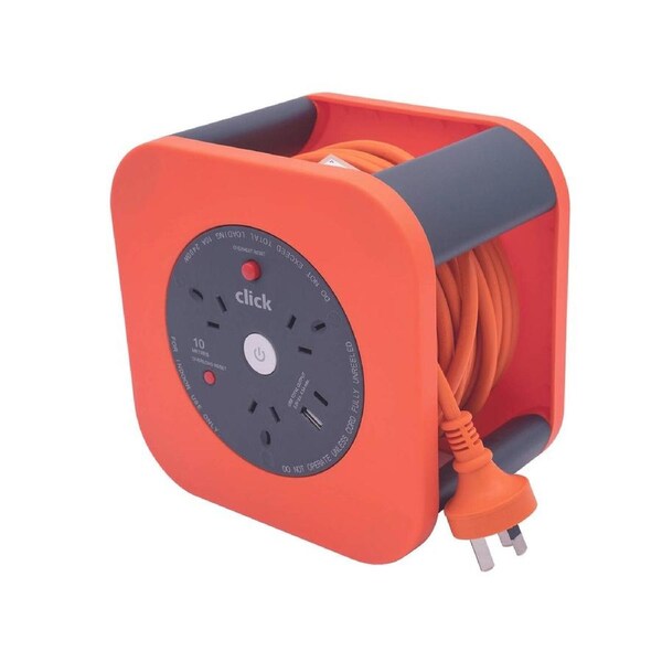 Click 10m 3 Outlet Square Cable Reel with USB Charger - 3 x 10A Outlets - Overload Protection - USB-A & USB-C Ports