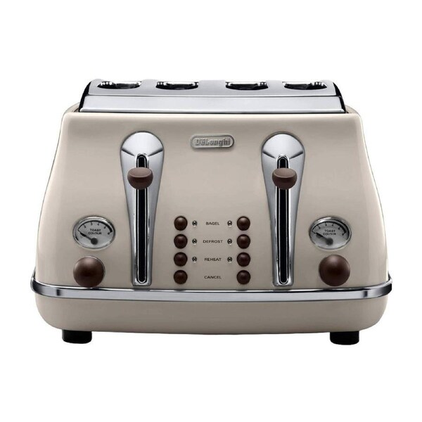 Delonghi Icona Vintage 4 Slice Toaster 325mm Beige - Stainless Steel - Extra Wide Slots