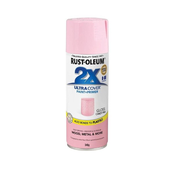 Rust Oleum 2X Ultra Cover Gloss Spray Paint - Candy Pink - 340g - Fast-Drying - Any-Angle Spray