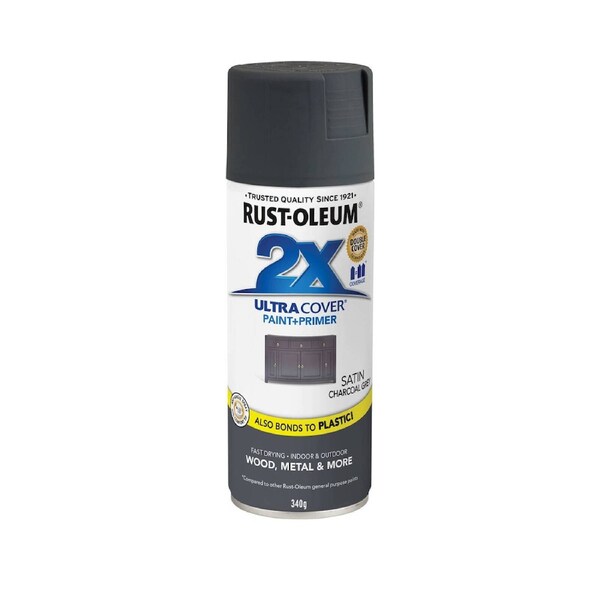 Rust Oleum 2X Ultra Cover Spray Paint - Satin Charcoal Grey 340g - 0.34L - Fast-Drying
