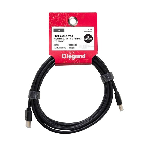 Legrand 2m High Speed HDMI Cable with Ethernet - Black - 4K UltraHD Support