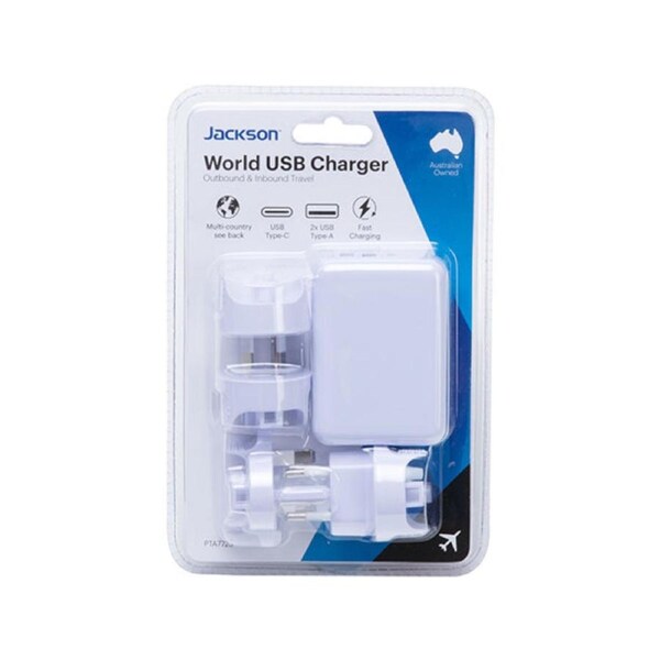 Jackson World USB Charger Travel Adaptor - 4 Plugs - 3 USB Ports - Lightweight