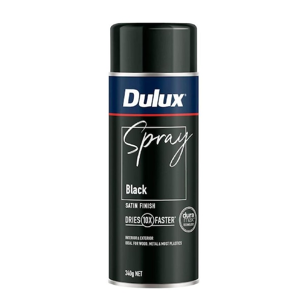 Dulux 340g Black Satin Spray Paint - 0.34L - Fast Drying - Self Priming