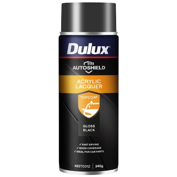 Dulux 340g Black Gloss Autoshield Acrylic Lacquer Spray Paint - Fast-Drying, High-Gloss Finish