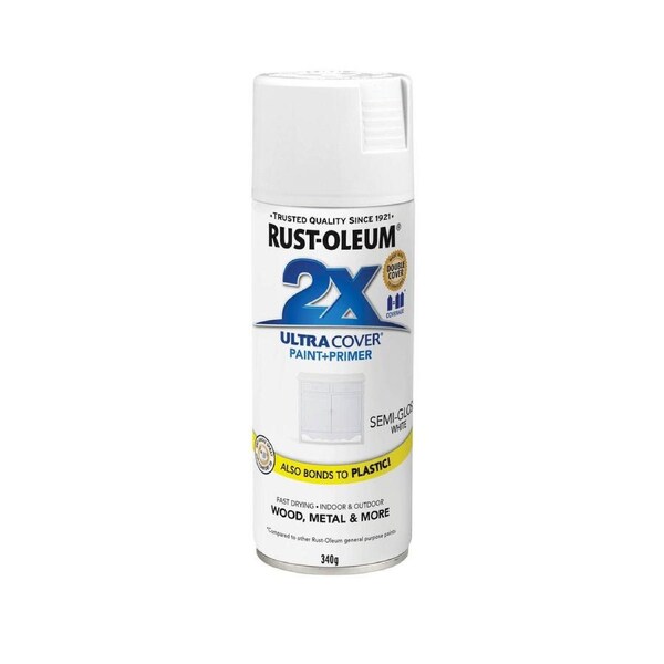 Rust Oleum 2X Ultra Cover Spray Paint - Semi Gloss White 340g - 0.34L - Fast-Drying