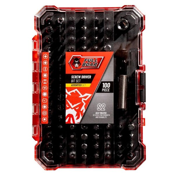 Full Boar 100 Piece Assorted Screwdriver Bit Set - S2 Steel - Modular Case - 168mm x 35mm x 118mm