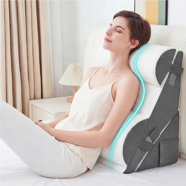Advwin Bed Wedge Pillow Set 4Pcs Adjustable High-Density Foam Reading Pillow for Neck Back Support Triangle Pillows for Sleeping White & Grey