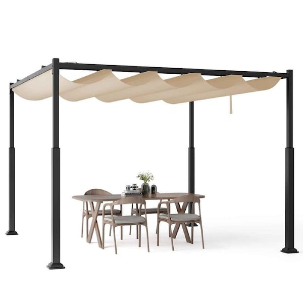 Costway 3x3M Outdoor Pergola w/Retractable Canopy Modern Sunshade Pavilion Grill Gazebo Beige