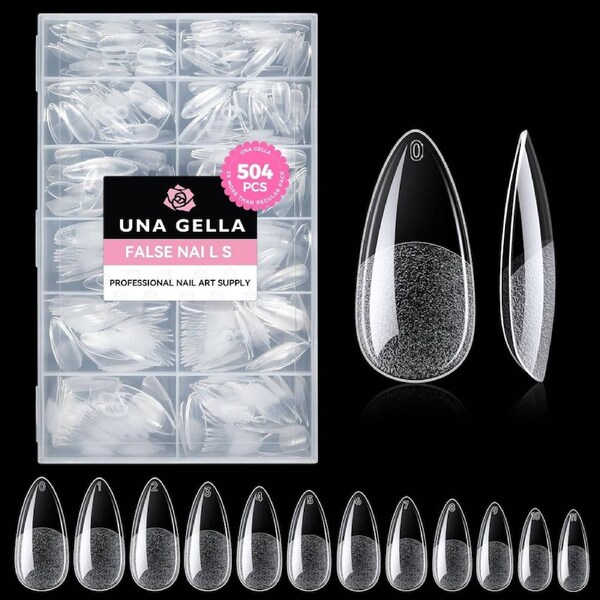 Almond Gel Nail Tips, 504PCS Pre Etched Clear Fake Nails Tips Medium Almond Shape - 12 Sizes Full Cover Soft Acrylic Press On Nail Extensions for Diy at Home, UNA GELLA