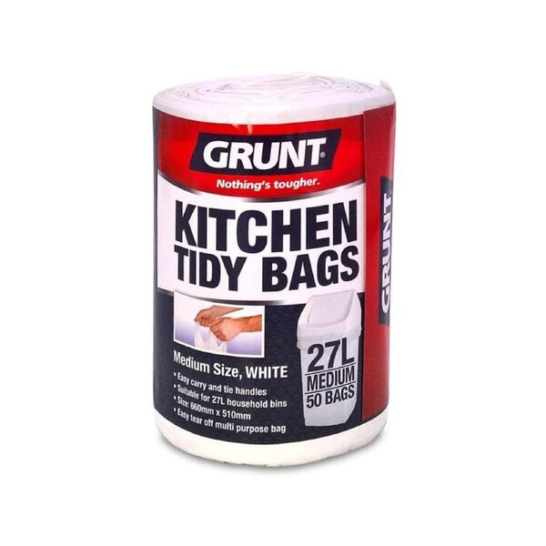Grunt Kitchen Tidy Bags 27L White 50 Pack HDPE Easy Tear Convenience