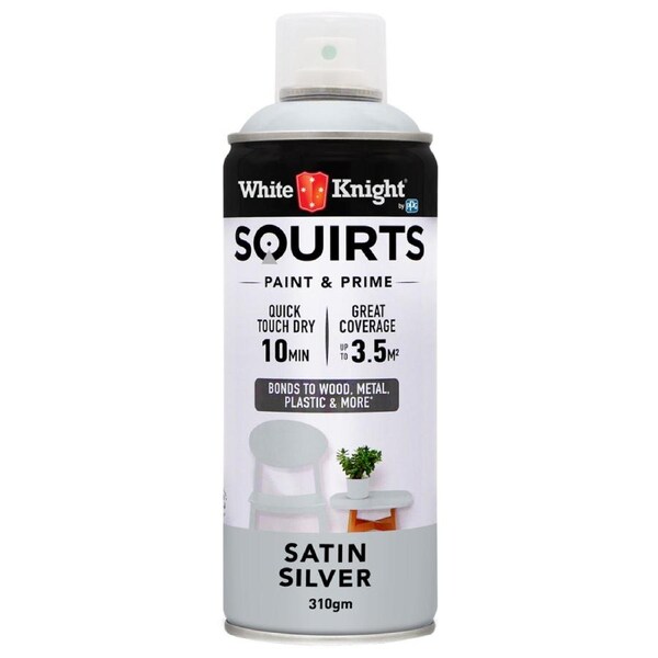 White Knight Squirts Silver Satin Spray Paint 310g Solvent Based Durable