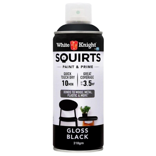 White Knight Squirts Black Gloss Spray Paint 310g Solvent Based Durable