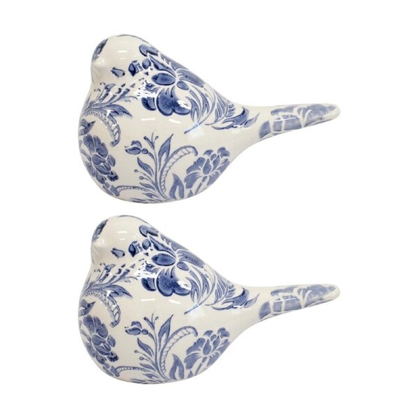 2PK LVD Bird Vintage Blue Ceramic Animal Statue Indoor/Outdoor Decor 17x10x9.5cm
