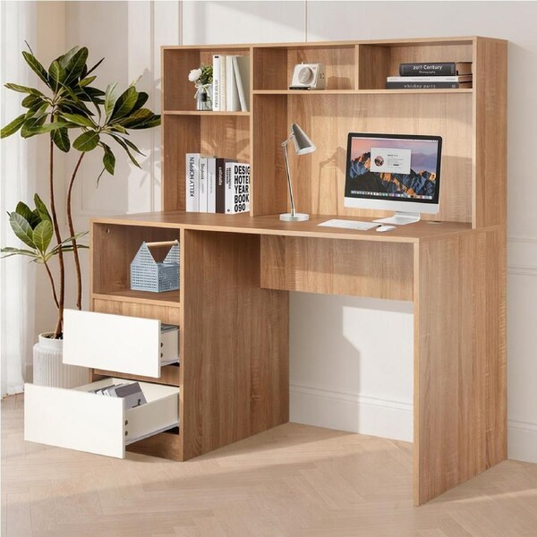 Calmare Natural Wood Computer Desk Office Study Desks Table Bookshelf 2 Drawers 120cm