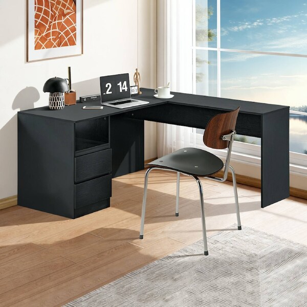 Calmare 150cm L-Shape Wooden Corner Computer Desk Home Office Desks Shelf Black