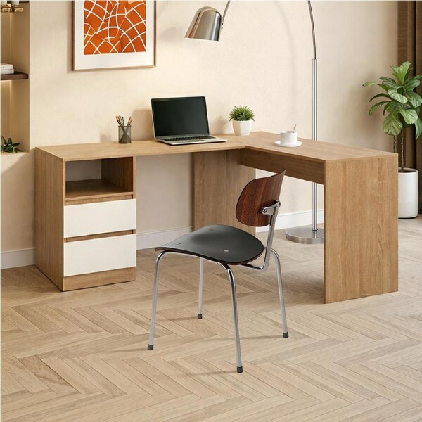 Calmare 150cm L-Shaped Wooden Computer Corner Desk Laptop Study Desk Storage Cabinet -Natural Wood
