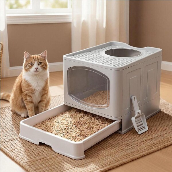 Pawz Large Cat Litter Box Foldable Top Entry Covered Litter Tray Scoop Grey