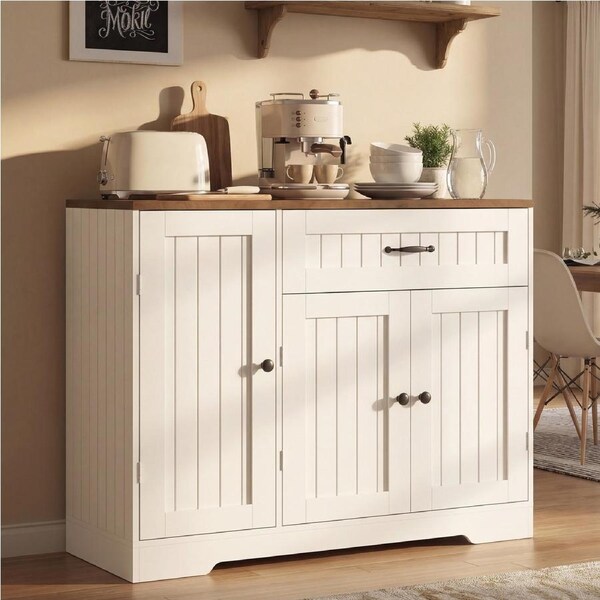 Advwin Sideboard Buffet Cabinet with Adjustable Shelves Coffee Bar Station Kitchen Storage Pantry Cabinet with 1 Drawer & 3 Doors White