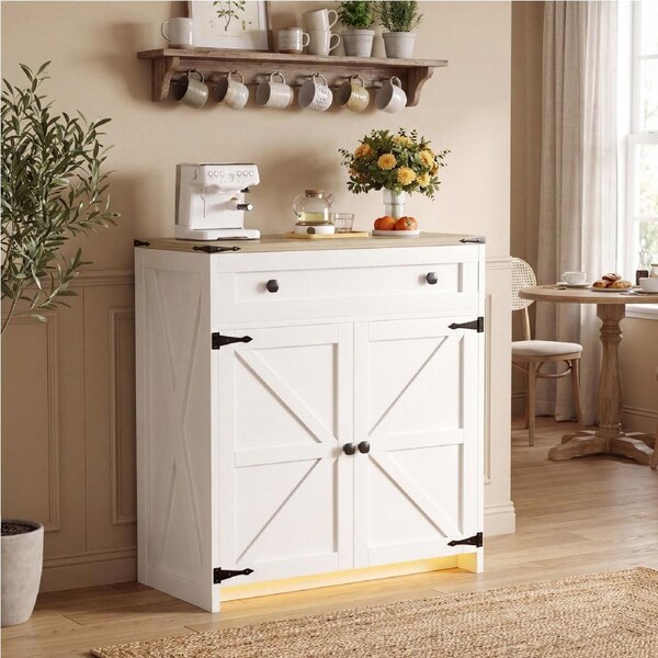 Advwin LED Farmhouse Sideboard Buffet Cabinet with Adjustable Shelf Coffee Bar Station with Drawer & Barn Doors White