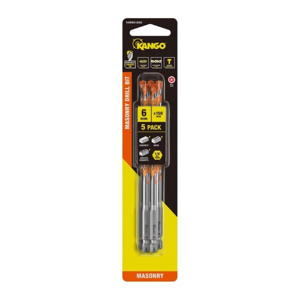 Kango Masonry Drill Bit 5 Pack - 6mm x 150mm - Durable Carbide Tip