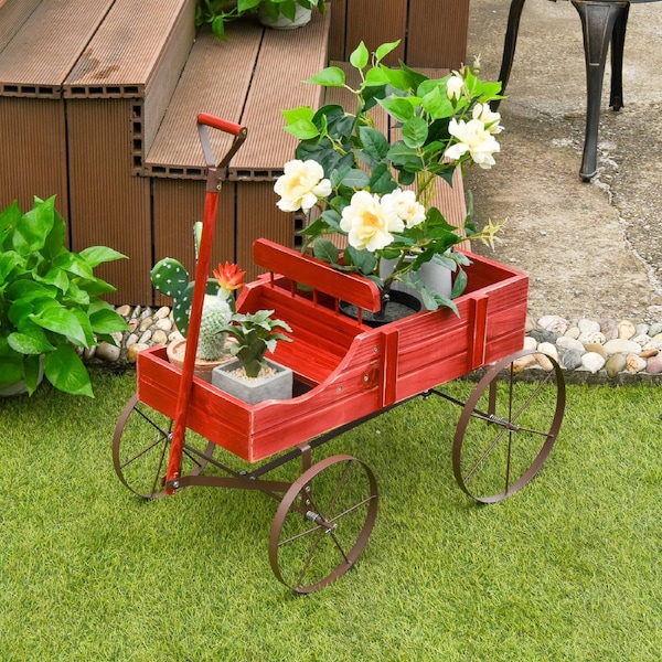 Costway Wood Wagon Flower Planter Box Barrel Garden Plant Bed Pot Stand 2 Section Cart w/Wheel Handle Outdoor Decor Red