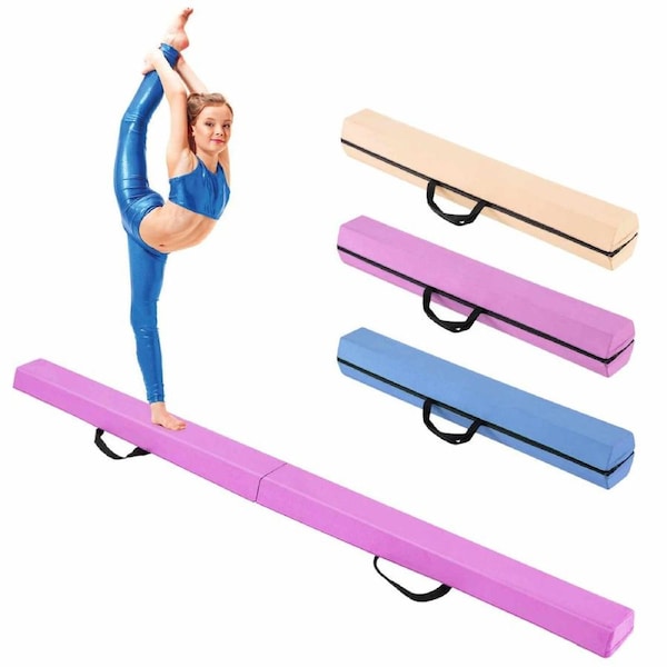 Costway 2.1M Folding Balance Beam Foam Portable Floor Gymnastics Equipment Soft Suede Cover w/Handle Non-slip Purple