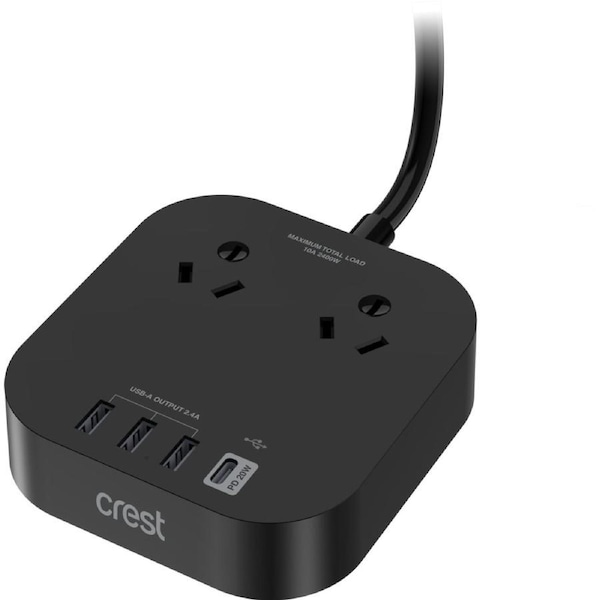 Crest Desktop Hub 2 Socket 4 USB PD 20W 1.8m - Black