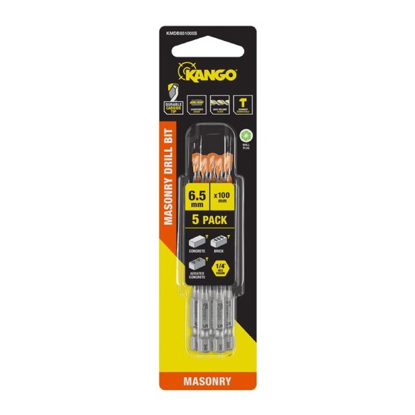 Kango Masonry Drill Bit 5 Pack - 6.5mm x 100mm - Durable Carbide Tip