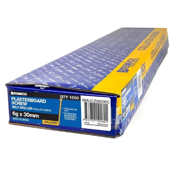Bremick Collated Screw 6g x 30mm Zinc Yellow - 1000 Pack - Metal Drill Point