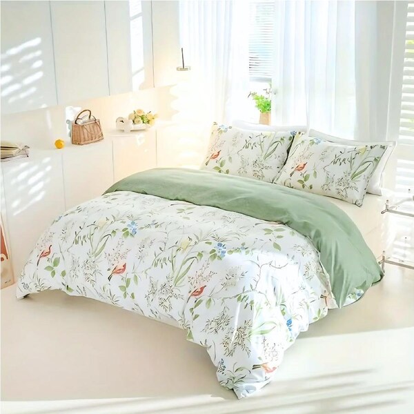 Dreamfields Green Roost Quilt Cover Set - 3pcs, Double Size, Easy Care, Machine Washable