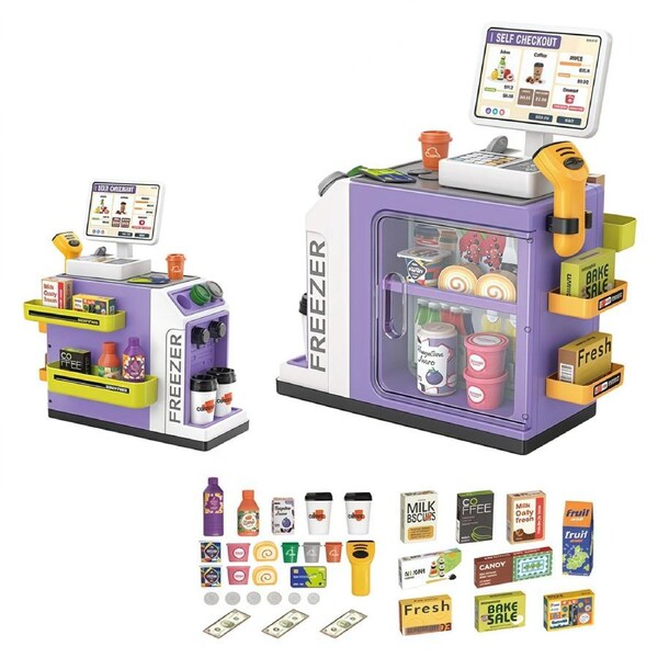 HOLALA 46Pcs Kids Cash Register Toy Pretend Playset for 3+ Child-Purple
