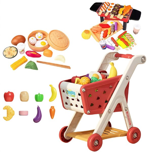 HOLALA 53Pcs Kids Shopping Cart Trolley Play Set for Ages 3+ Child-Red