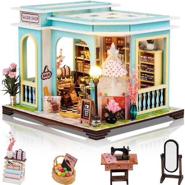 HOLALA Miniature House Kit with LED Light 3D Wooden Bookend Puzzle for Beginners-Tailor