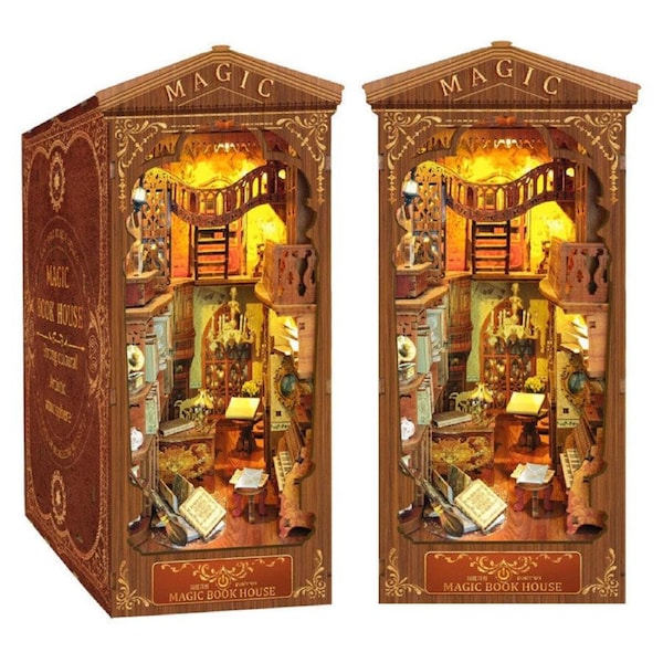 HOLALA DIY Book Nook Kit 3D Wooden Puzzle Bookshelf Insert Decor with Touch LED Light Dust Baffle-MagicHouse