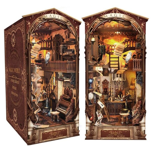 HOLALA DIY Book Nook Kit 3D Wooden Puzzle Bookshelf Insert Decor with Touch LED Light Dust Baffle-Wizarding World