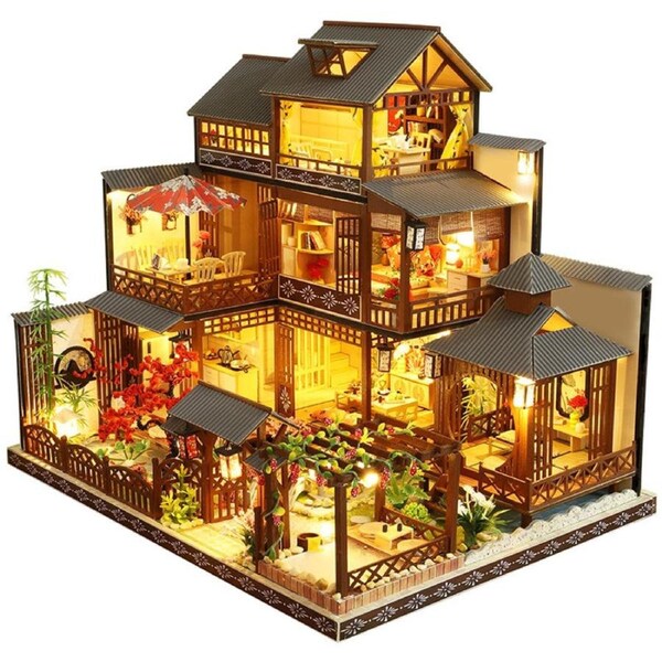 HOLALA DIY Dollhouse Miniature Wooden Kit Big Japanese Courtyard Model with LED Gift Idea for Friend Lover