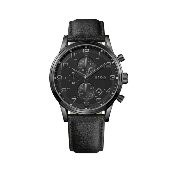 HUGO BOSS Aeroliner Chronograph 44mm Leather Black Men Watch 1512567
