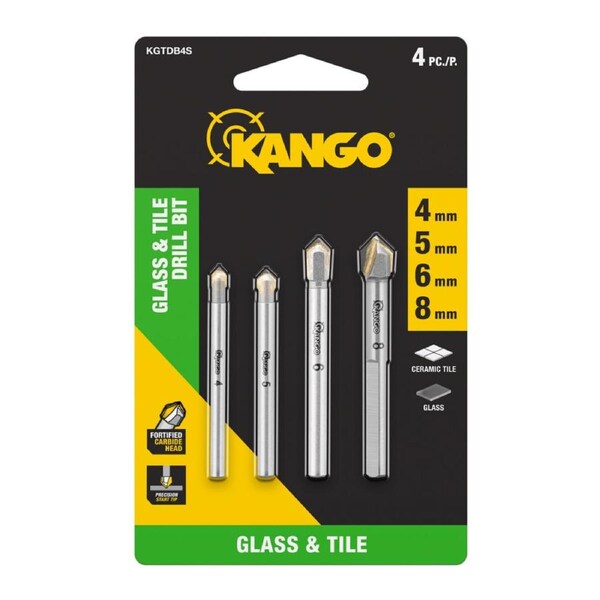 Kango 4pc Glass Tile Drill Bit Set - 4mm 5mm 6mm 8mm - Carbide Heads - Precision Drilling