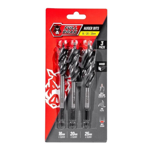 Full Boar Auger Bits - 16 20 25mm - 3 Pack - Self-Drilling - Steel