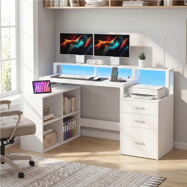 Advwin L Shaped Computer Desk with LED Lights & Power Outlets 151cm Home Office Desk with 3 Drawers and 4 Shelves Corner Desk with Printer Storage Shelf and Monitor Stand White