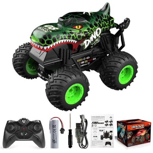 HOLALA Monster Truck RC 360 Degree Spins Drift Car with Lights Music-DinoGreen