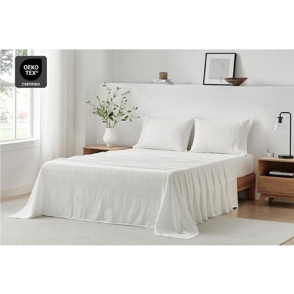 Brosa Washed Linen Cotton Bed Sheet Set - White, King