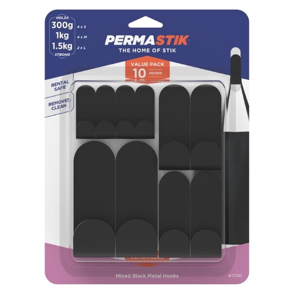 Permastik Black Mixed Metal Hooks 10 Pack - 160mm x 215mm - Adhesive, No Drilling