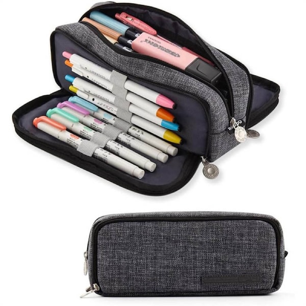 Nevenka Canvas Pencil Case Big Capacity 3 Compartments for School Students-Black