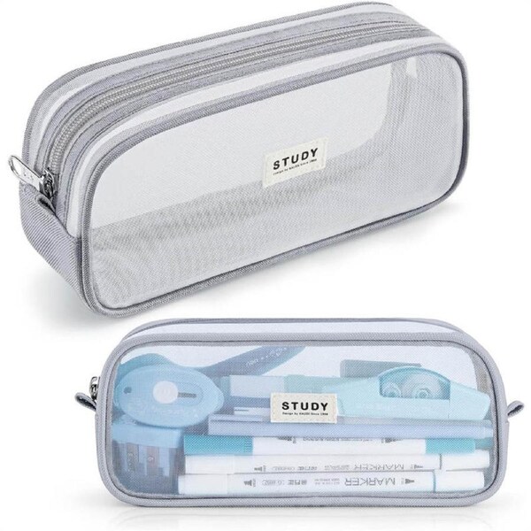Nevenka Pencil Case Grid Mesh With Zipper Large Capacity for School Teen Girl Boy-Grey
