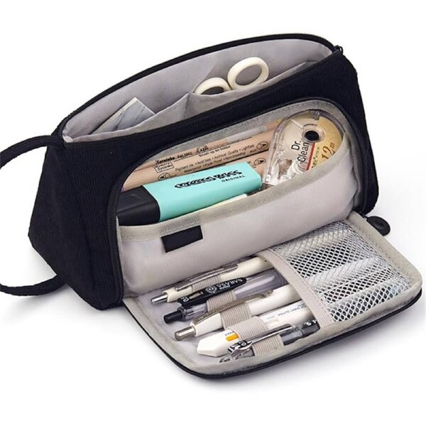 Nevenka Pencil Case with Handle Big Capacity Corduroy for Teens Adults-Black