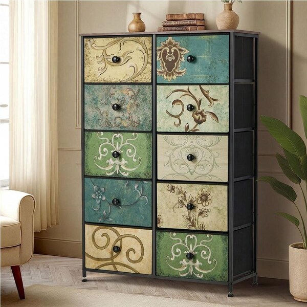 Oikiture 10 Chest of Drawers Fabric Storage Cabinet Tower Tallboy Retro Dresser